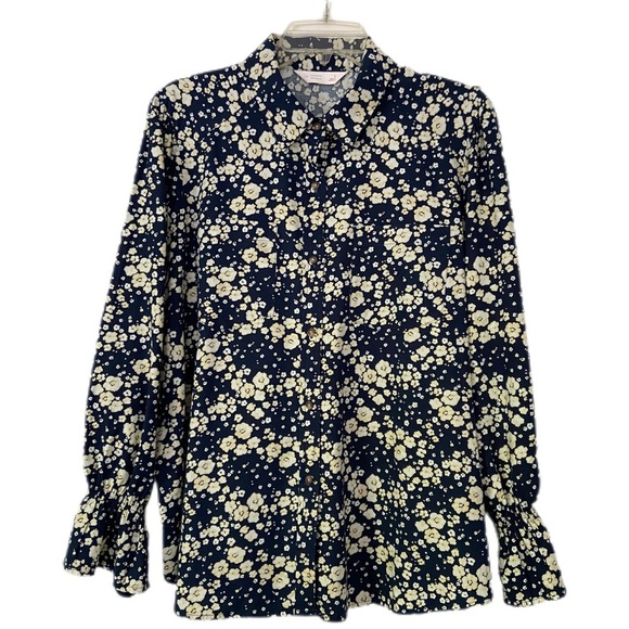 LC Lauren Conrad Navy Floral Button Front Cotton Shirt Size Large - Picture 1 of 13